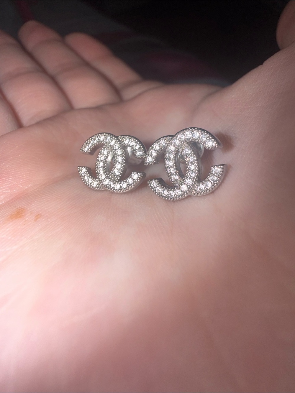 CHANEL Crystal CC Logo Stud Earrings - Silver Tone
